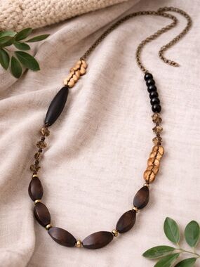 Boho Wood Bead Necklace Brown Earthy Statement